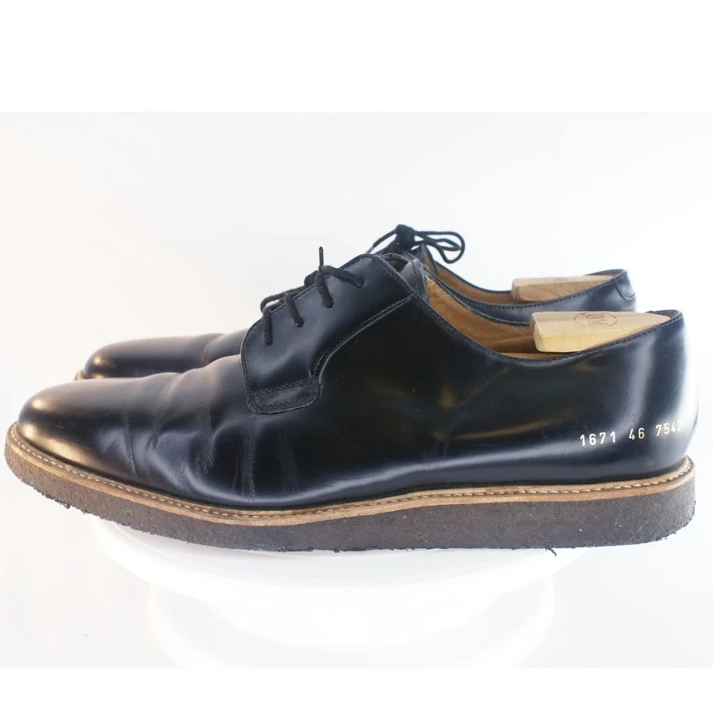 Common Projects Black Leather Derby Shoes EU46 US13 Made in Italy Crepe Sole